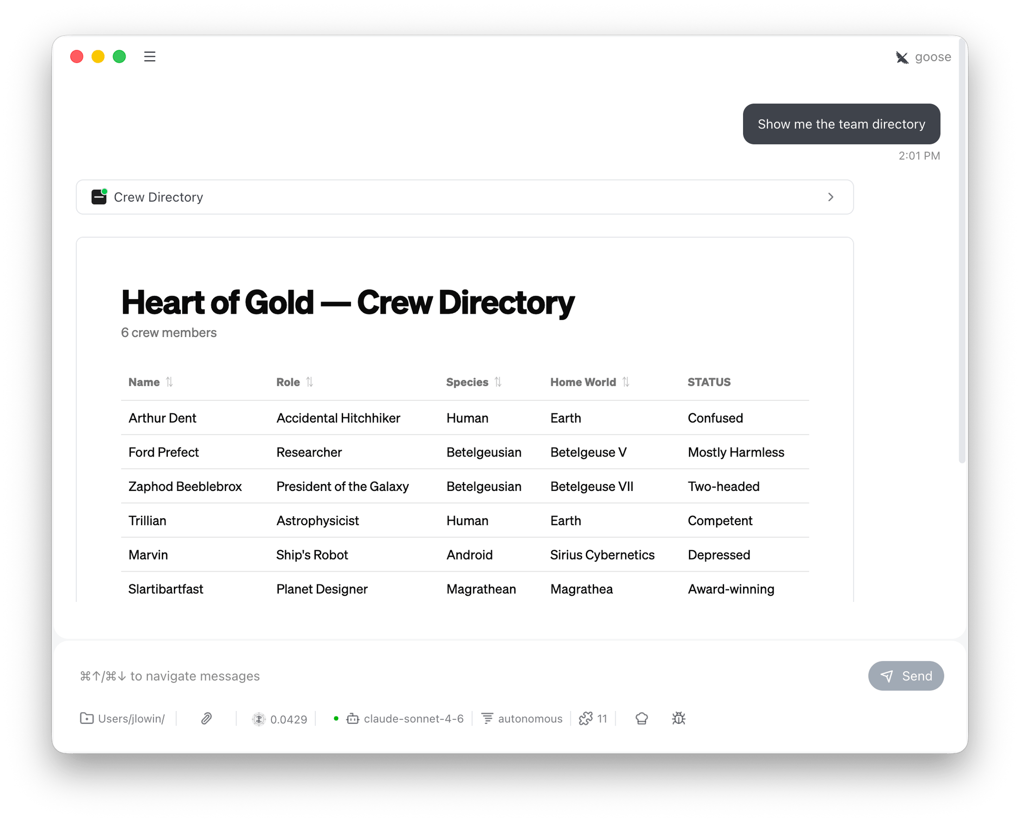 Team directory data table result